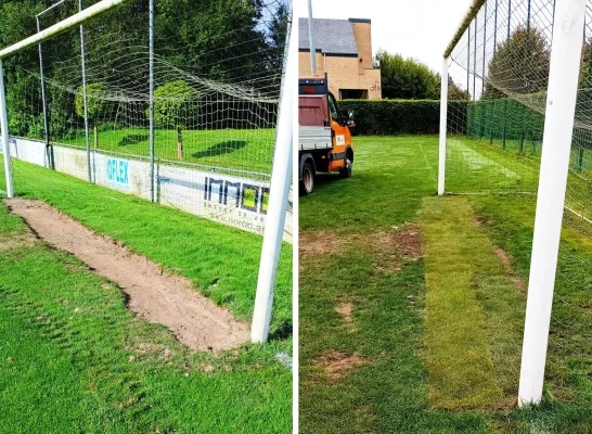 De sleuf in het voetbalveld is hersteld