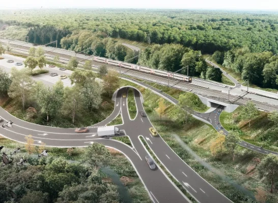 Toekomstbeeld van de herinrichting van het knooppunt Groenendaal – zicht op de nieuwe tunnel aan de Groenendaalsesteenweg en de fietstunnel aan de Fietssnelweg F205.