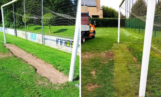 De sleuf in het voetbalveld is hersteld