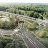 Toekomstbeeld van de herinrichting van het knooppunt Groenendaal – zicht op de nieuwe tunnel aan de Groenendaalsesteenweg en de fietstunnel aan de Fietssnelweg F205.